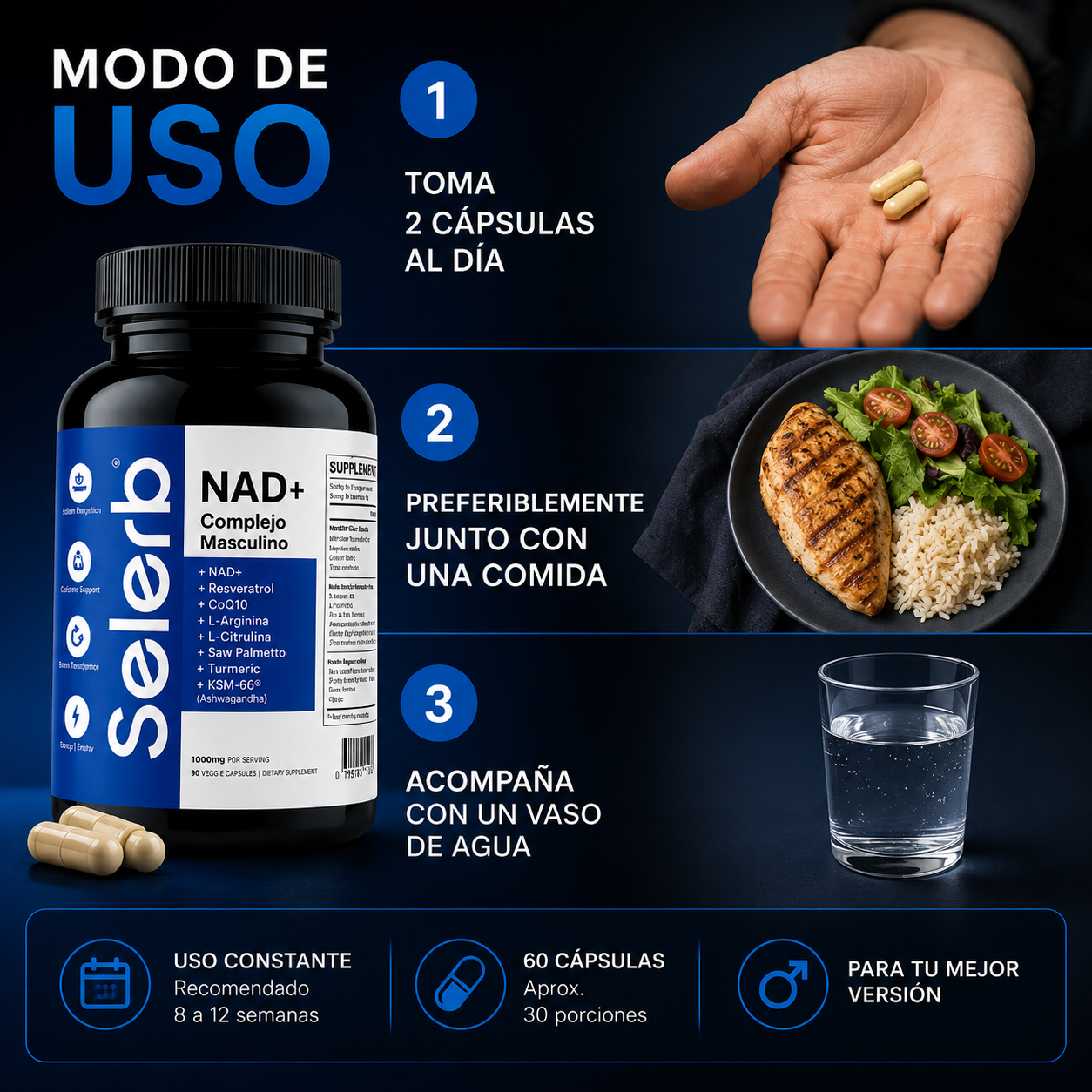 SELERB NAD+ | Complejo Masculino: Vitalidad para hombres que quieren seguir rindiendo al máximo.