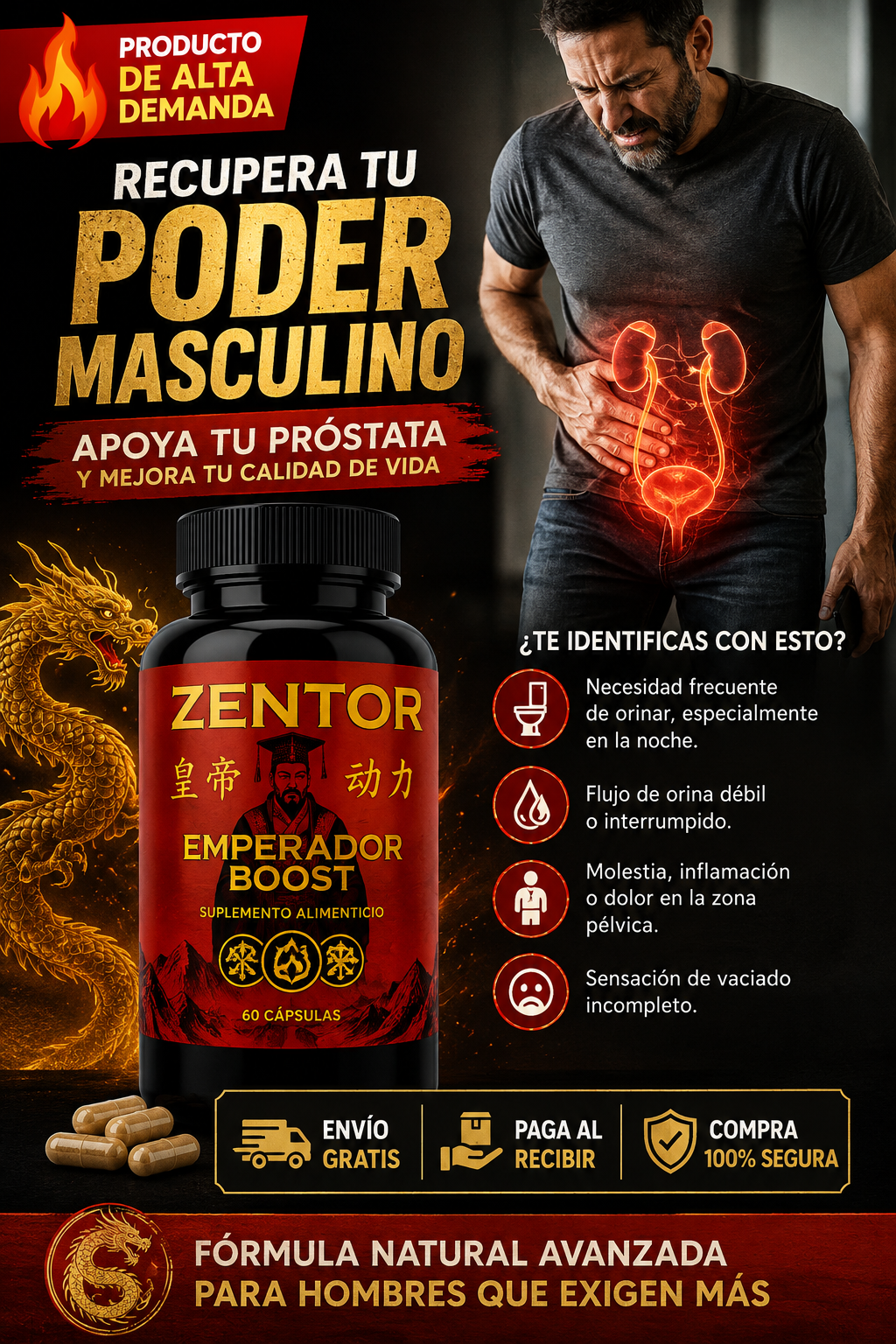 Zentor Emperador Boost - Suplemento Salud de la próstata: reduce las visitas nocturnas en el baño, alivia los problemas de la vejiga y el tracto urinario
